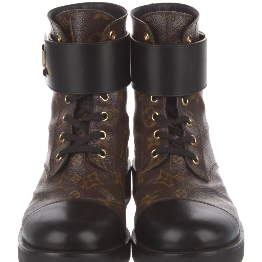 LOUIS VUITTON Monogram Ankle Combat Boots, size 6.5M